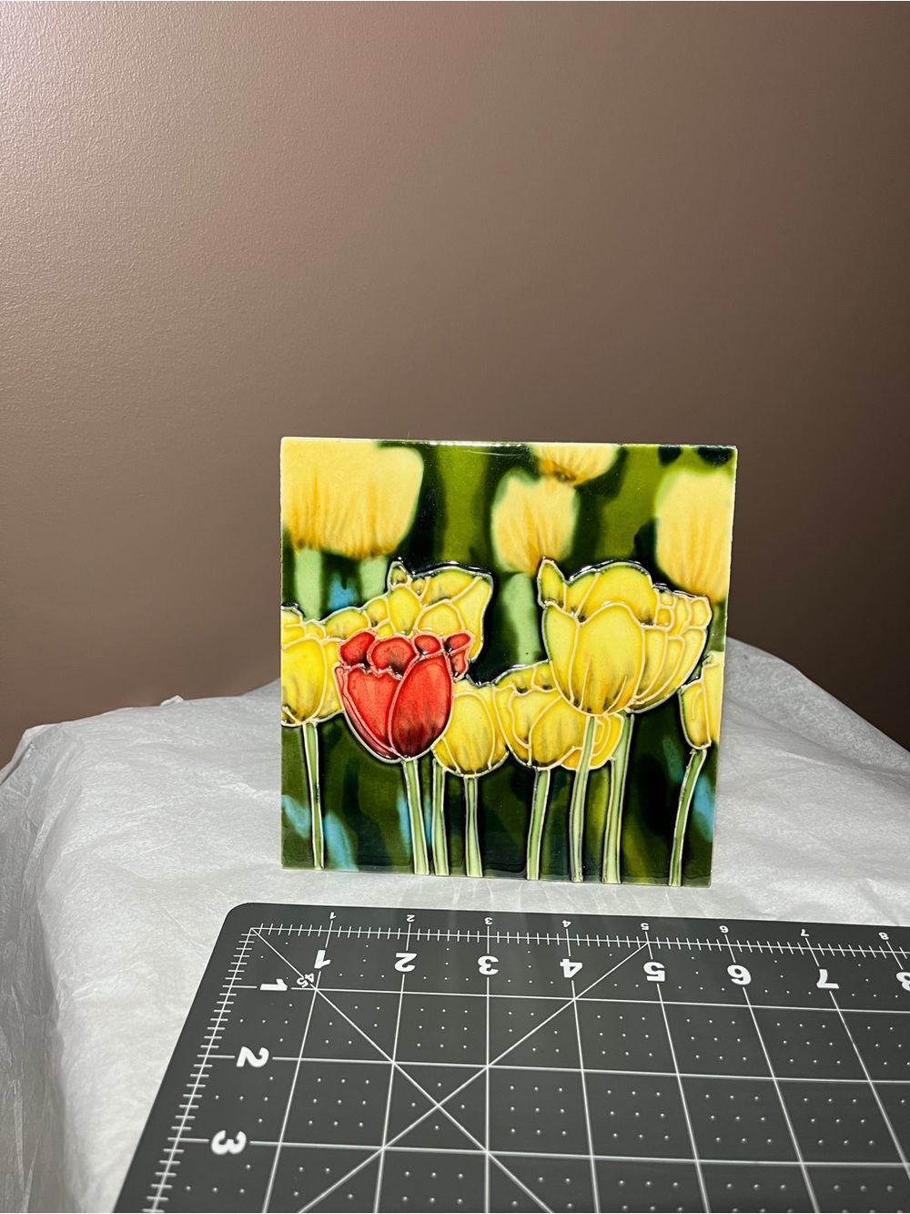 Decorative Ceramic Tile with Yellow & Red Tulips